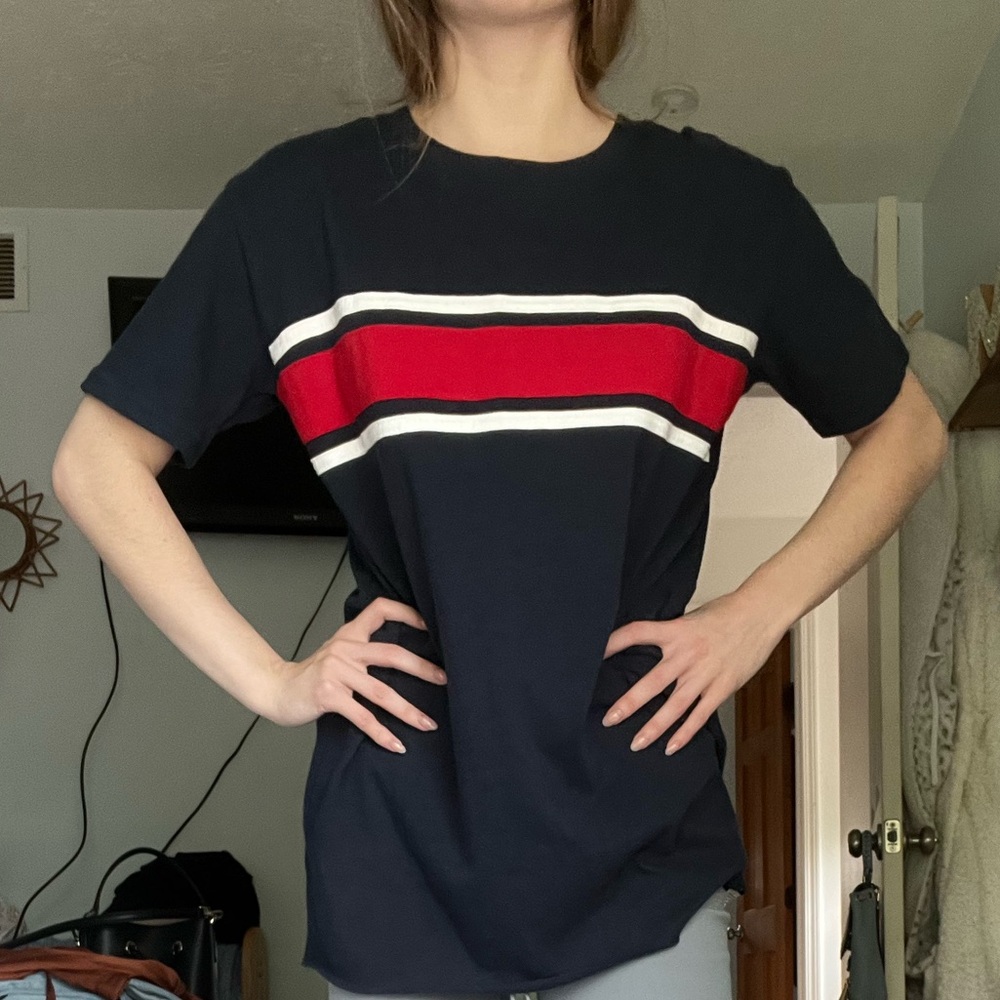 Hollister Navy Blue Tee with Red and White Stripes